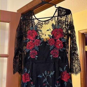 Black Lace Express Party Dress with Built in Slip and Red Flower Appliqués